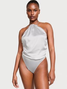NWT Victoria’s Secret Twinkle Strap Satin Teddy Rhinestone Bodysuit in Silver